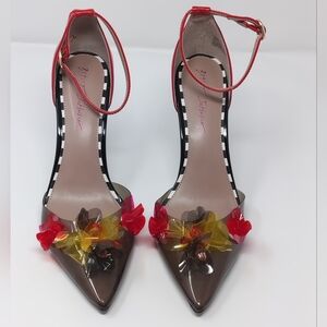 Betsey Johnson Landyn Ankle Strap Pumps, Women Size 11 M Black/Red with Flowers